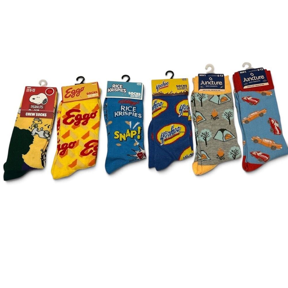 6 Pair Mens Novelty Crew Socks Lot Yoohoo Eggo Snoopy Rice Krispies New 6-12